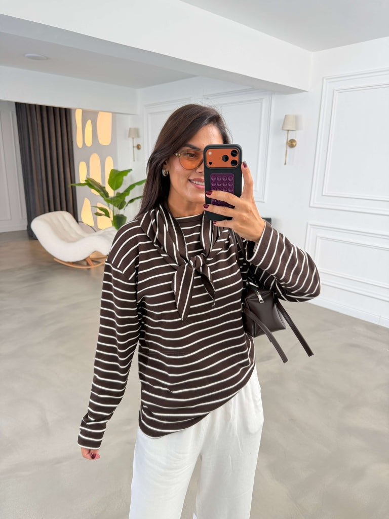 Kahverengi Çizgili Fularlı Sweatshirt 9037-Kahverengi