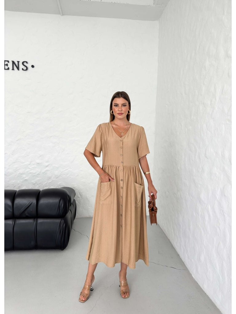 Camel Eteği Cepli Keten Elbise