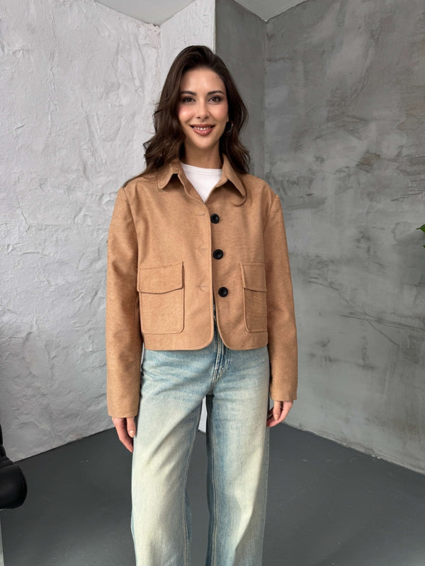 Camel Cepli Süet Kısa Ceket 9486-Camel
