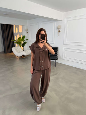 Kahverengi Çıtçıtlı Tensel Şalvar Takım 4160-Kahverengi