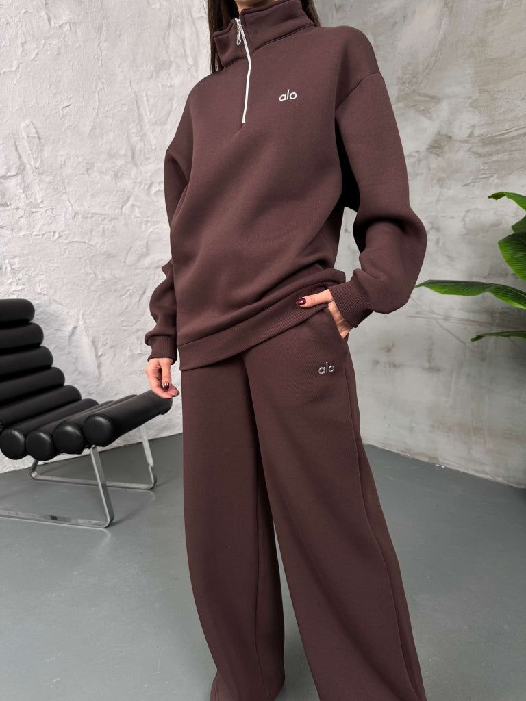 Kahverengi Yarım Fermuarlı Şardonlu Sweat Takım