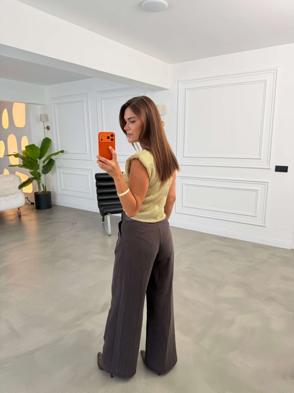 Kahve Gold Kemerli Tencel Pantolon 1569-Kahve