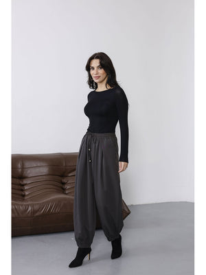 Kahve Beli Bağcıklı Şalvar Pantolon 51224-KAHVE