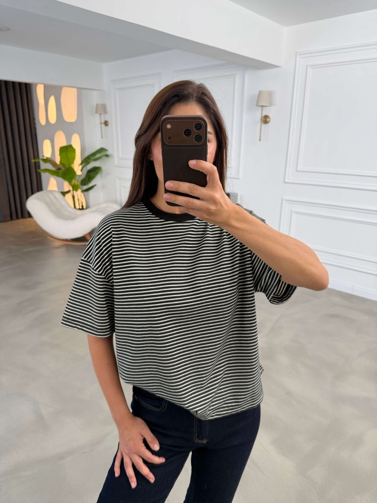 Siyah Beyaz  Çizgili Orj Marka Oversize Tshirt 6274-SİYAH