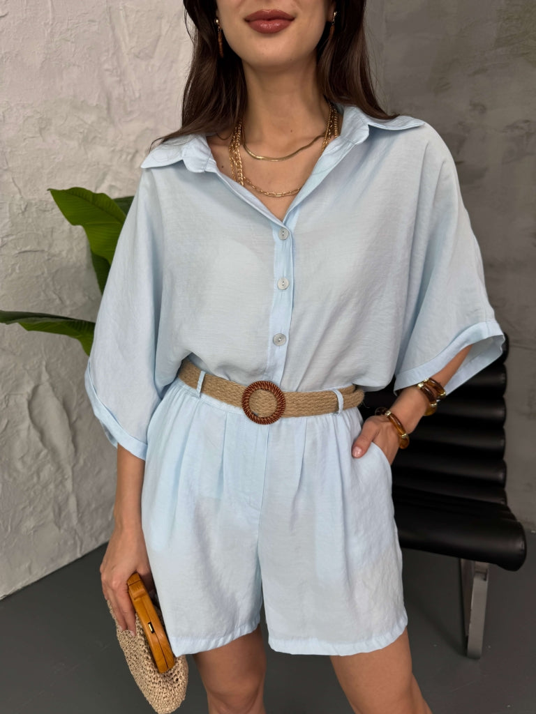 Bebe Mavi Hasır Kemerli Şortlu Tencel Takım