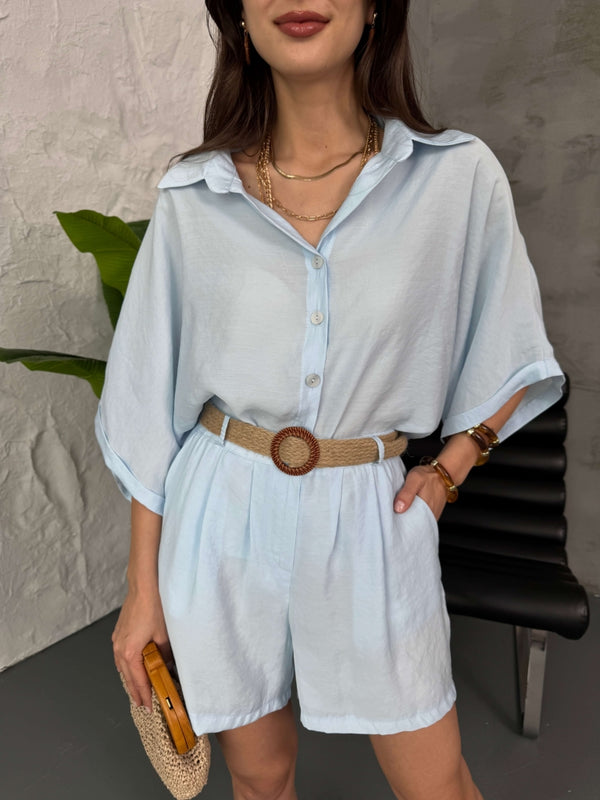 Bebe Mavi Hasır Kemerli Şortlu Tencel Takım