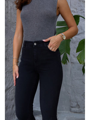 Siyah Likralı Mom Jean