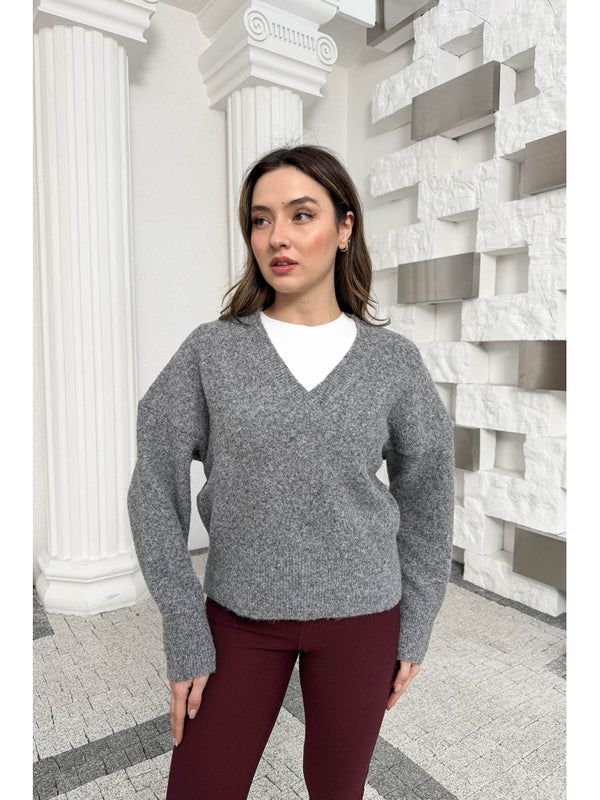 Dilvin Antrasit V Yaka Yumuşak Dokulu Kazak 10645-Antrasit