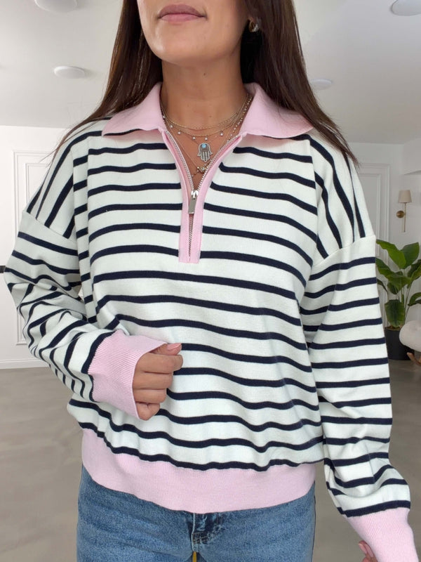 Pembe Çizgili Yarım Fermuarlı Triko 2757-Pembe