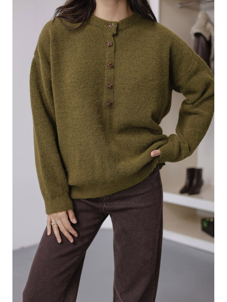 Haki Yarım Düğmeli Triko Kazak 2464-Haki