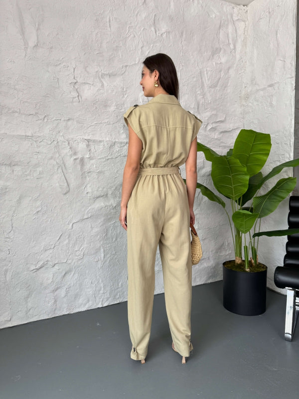 Haki Dört Düğmeli Keten Tulum