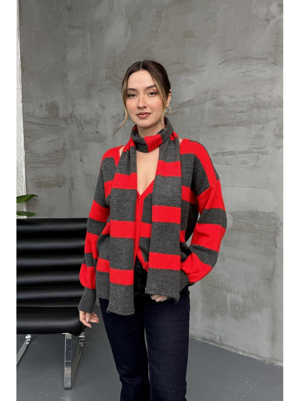 Kırmızı Çizgili Atkılı Hırka 2569-Kırmızı