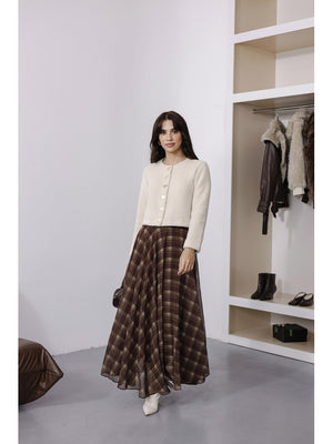 Kahverengi Haki Ekose Detaylı Şifon Etek 0613-Kahve Haki