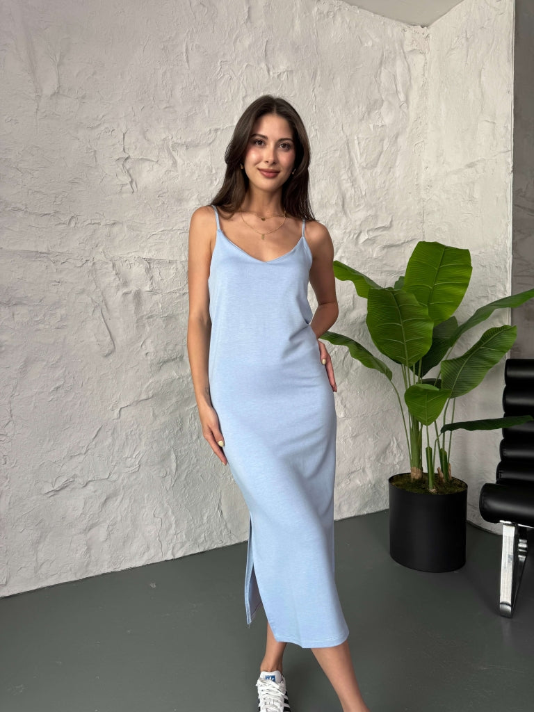 Bebe Mavi İp Askılı Yırtmaçlı Modal  Basic Elbise 44360-MAVİ