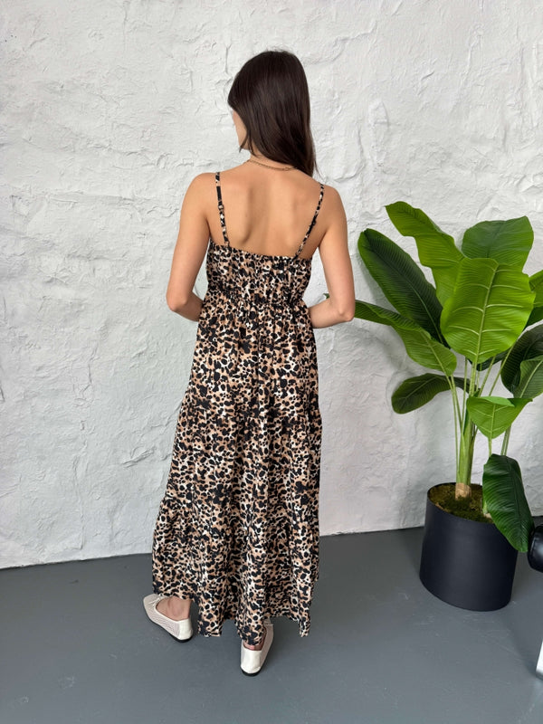Leopar İp Askılı Eteği Volanlı Elbise