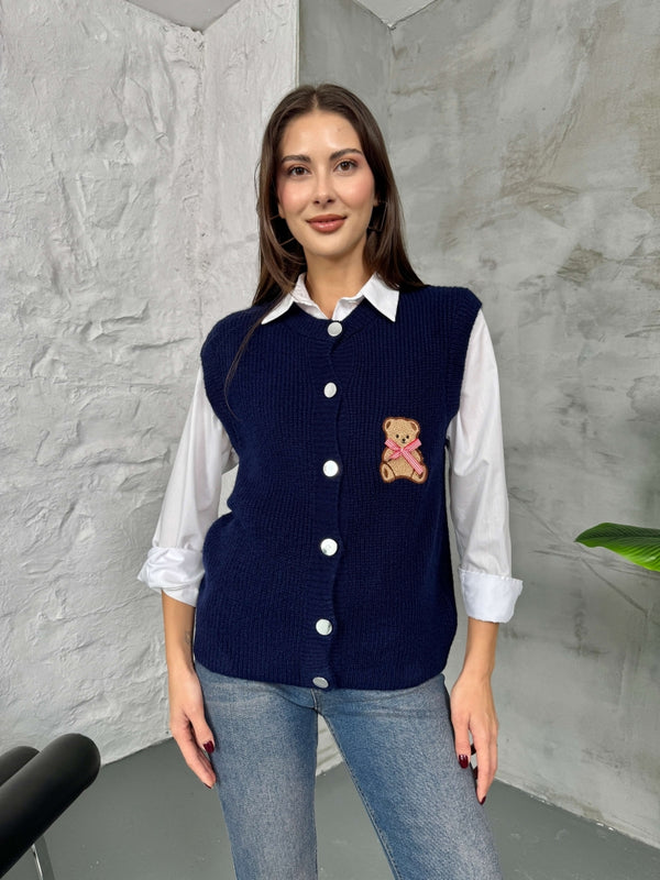 Lacivert Teddy Nakışlı Süveter