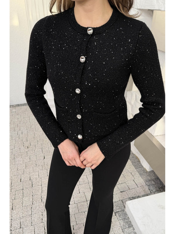 Dilvin Siyah Pullu Gold Düğmeli Triko Hırka 60935-SİYAH