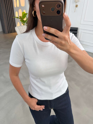 Beyaz Bisiklet Yaka Basic Tshirt 24104-Beyaz