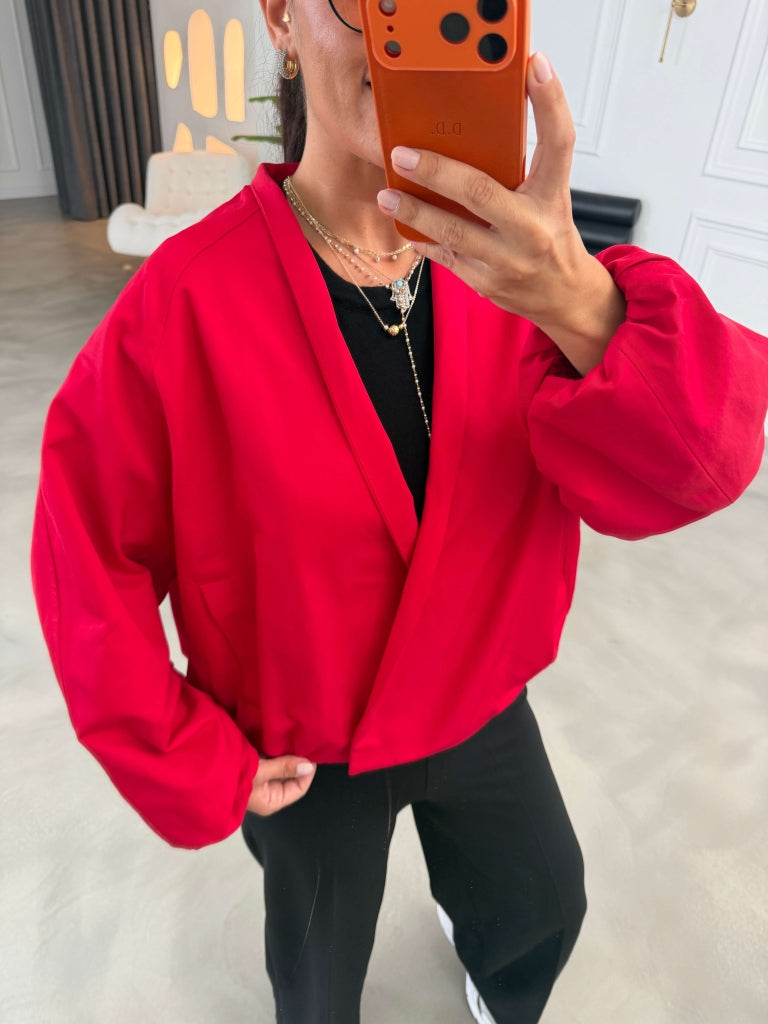 Kırmızı Kolları Lastikli Oversize Kısa Trenç 9760-Kırmızı