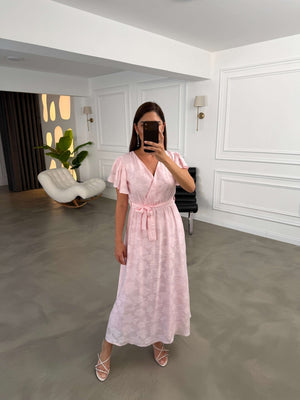 Pembe Kolları Volanlı Püsküllü Elbise 3113-Pembe