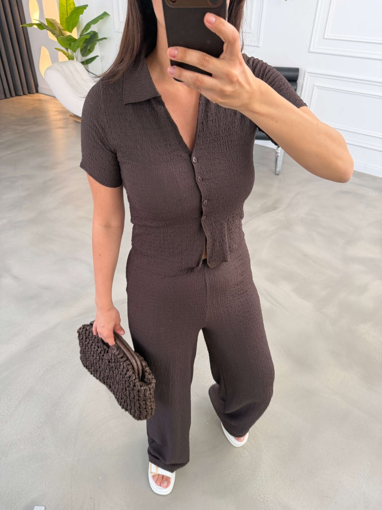 Kahve Ön Düğmeli Bürümcük Takım 2355-Kahve