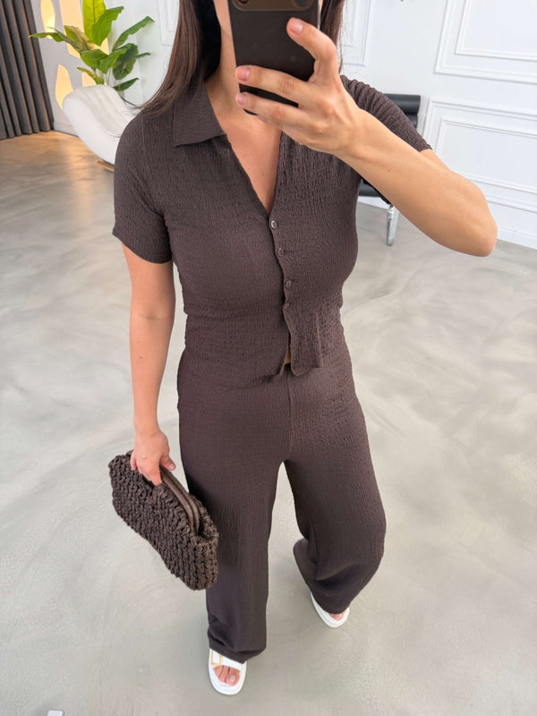 Kahve Ön Düğmeli Bürümcük Takım 2355-Kahve