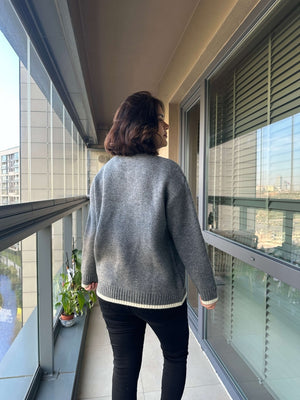 Antrasit Çizgi Detaylı Oversize Kazak