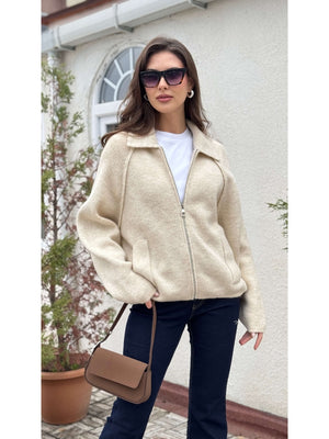 Taş  Polo Yaka Fermuarlı Hırka 2381-Taş