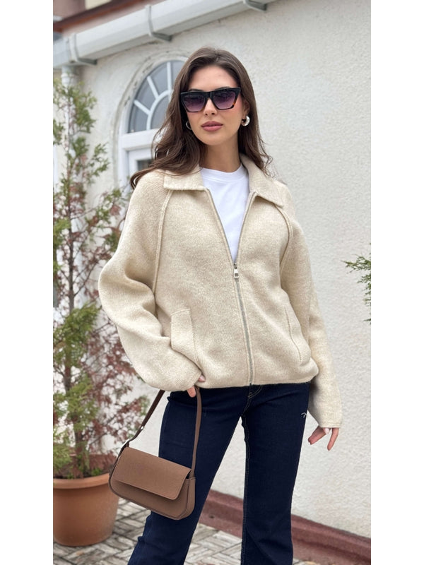 Taş  Polo Yaka Fermuarlı Hırka 2381-Taş