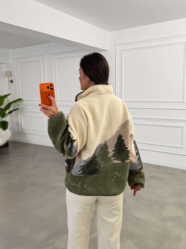 Haki Ön Fermuarlı Peluş Sweat 22889-Haki