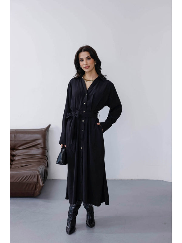 Siyah Beli Pileli Kemerli Elbise 8254-Siyah