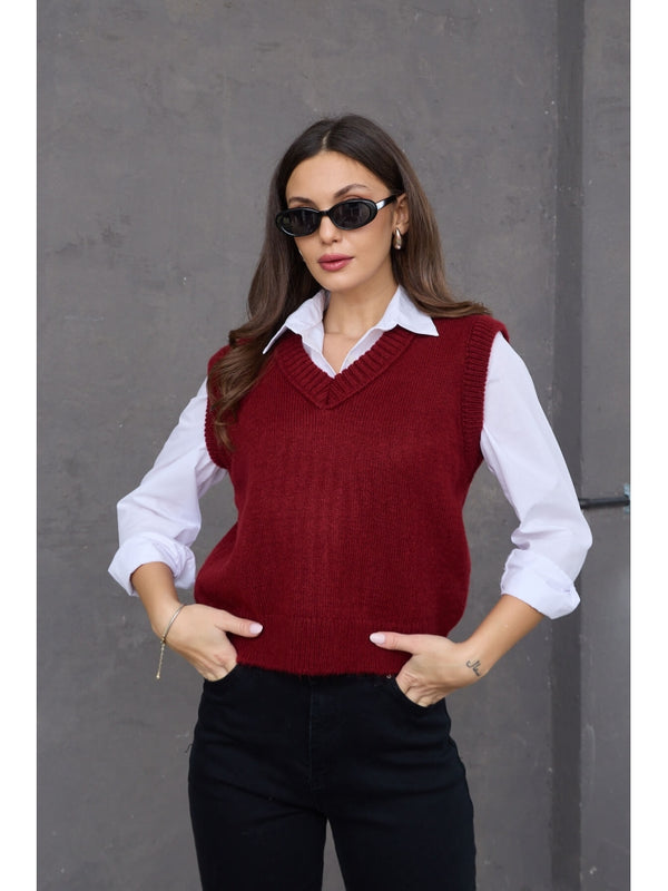Bordo V Yaka Süveter
