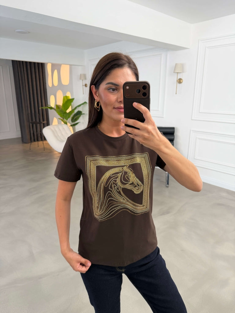 Kahverengi Desen Taşlı Tshirt 8717-Kahverengi