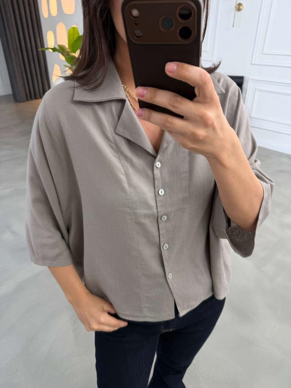 Vizon Oversize Keten Gömlek 4982-Vizon