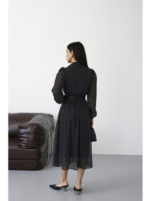 Siyah Puantiyeli Kemerli  Elbise 70295-SİYAH