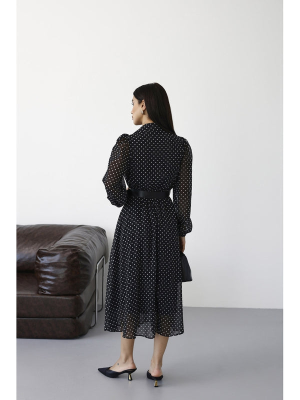 Siyah Puantiyeli Kemerli  Elbise 70295-SİYAH
