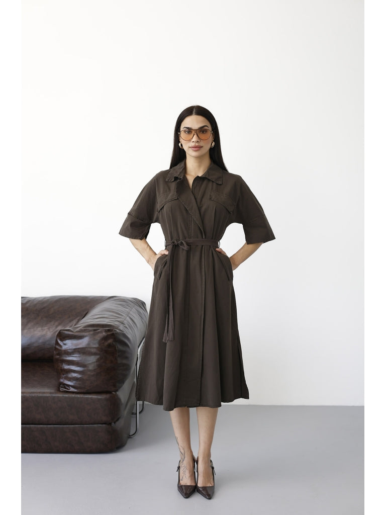 Kahverengi Önden Fermuarlı Kuşaklı Elbise 0049-Kahverengi