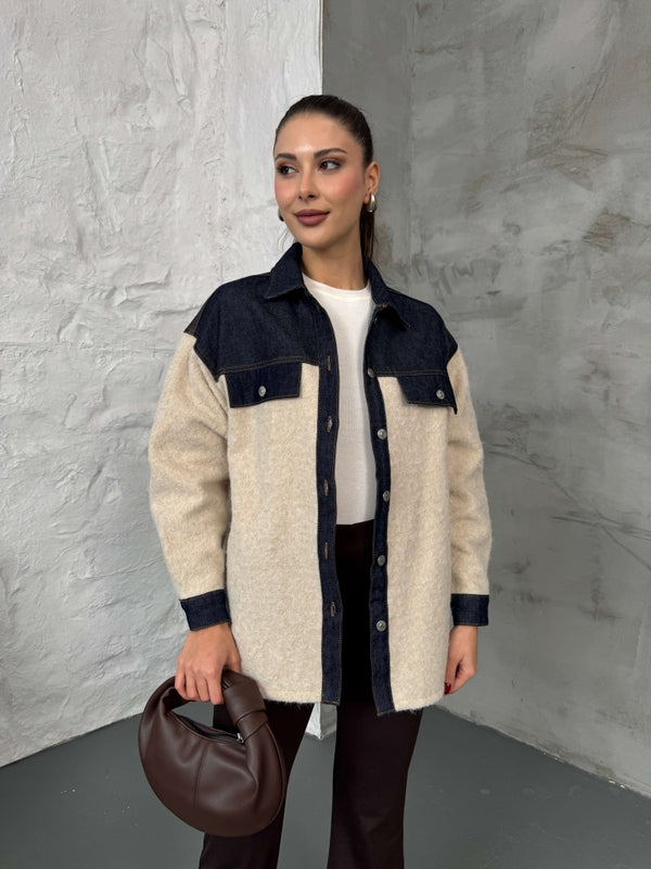 Taş Denim Garnili Buklet Ceket 240269-Taş