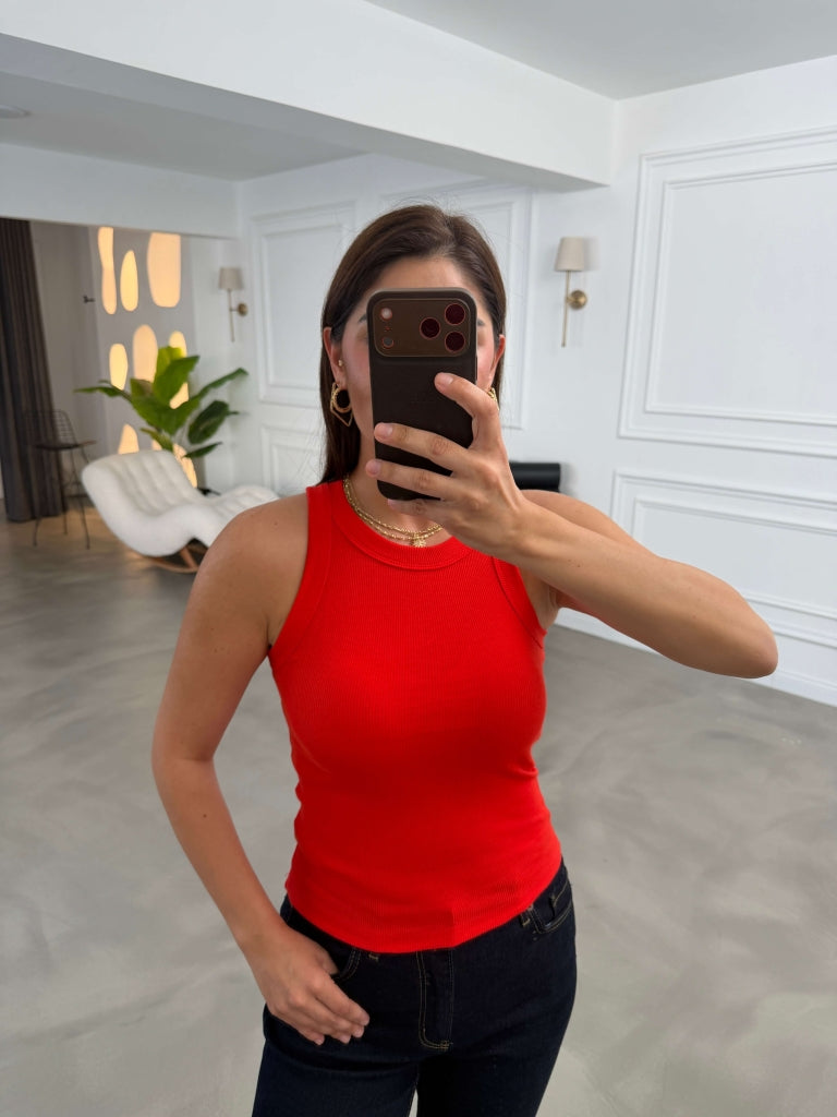 Kırmızı Halter Yaka Fitilli Body 23067-Kırmızı