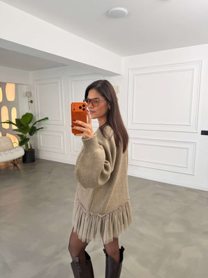 Vizon Tül Garnili Oversize Hırka 2839-Vizon