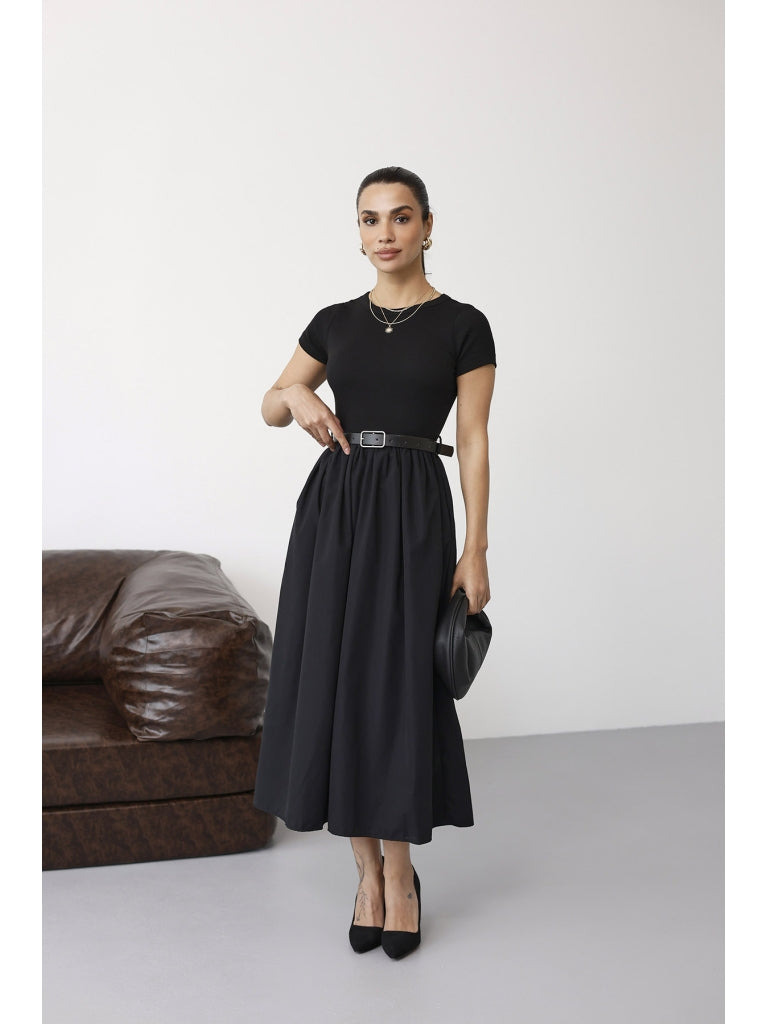 Siyah Kemerli Maxi Kısa Kollu Elbise 2017-Siyah
