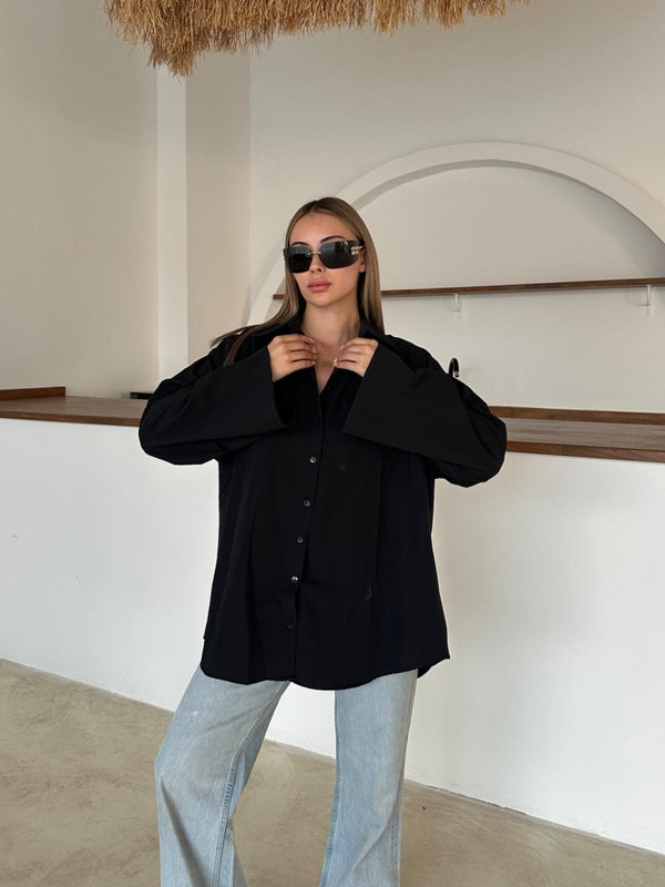 Siyah İspanyol Kol Oversize Cep Detaylı Gömlek