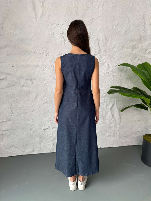 Sıfır Kol Dikiş Detaylı Jean Elbise 29828