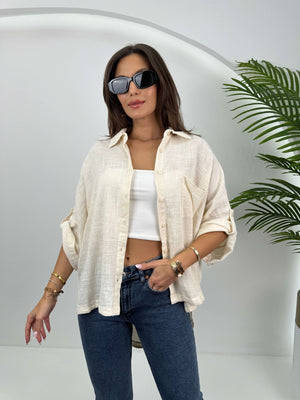 Taş Düşük Kol Oversize Gömlek