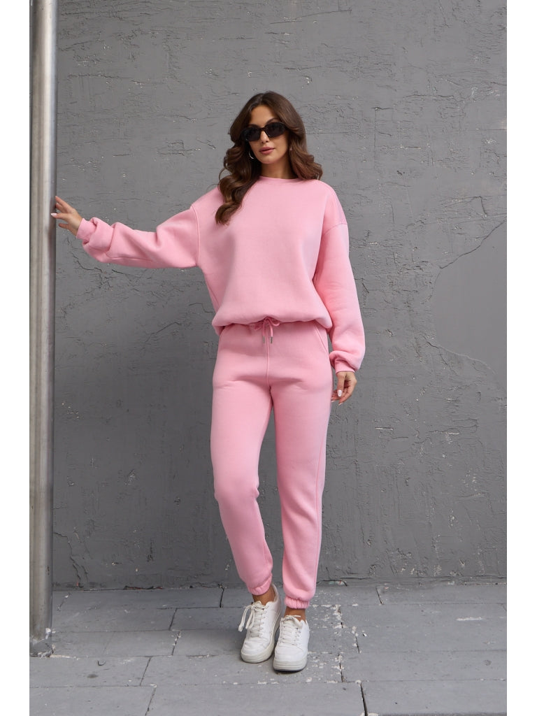 Pembe Bisiklet Yaka Üç İplik Şardonlu Sweat