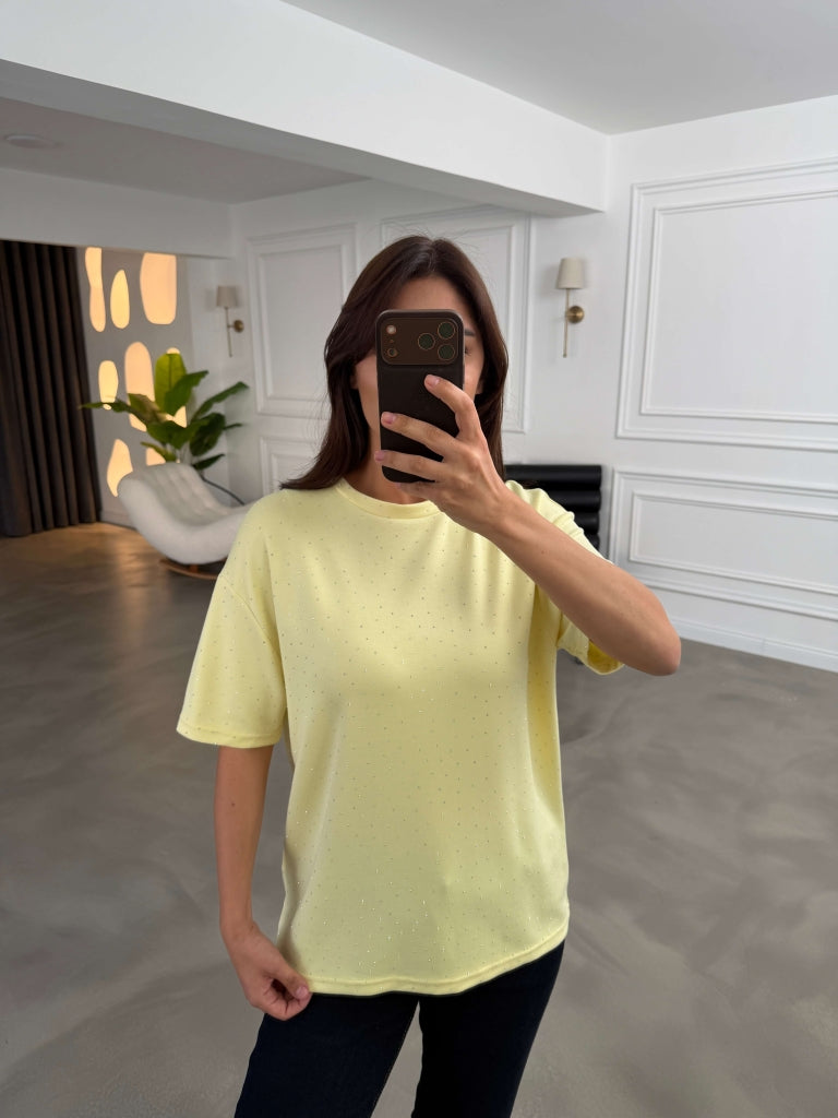 Sarı Taş Baskılı Tshirt 4236-Sarı