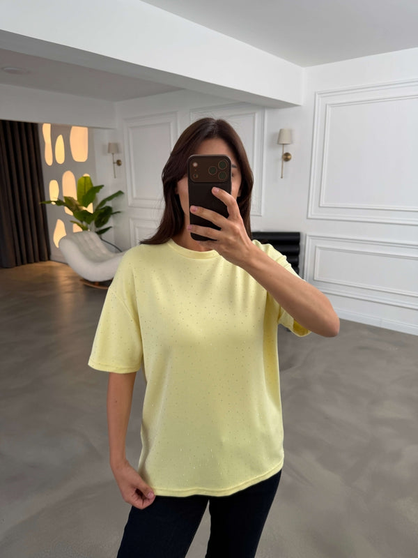 Sarı Taş Baskılı Tshirt 4236-Sarı