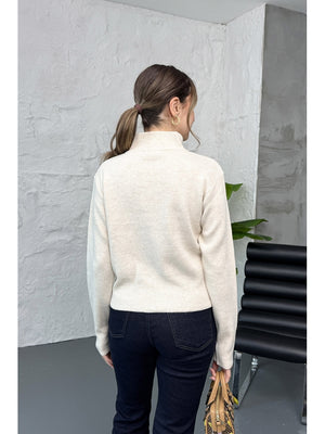 Taş Dik Yaka Fermuarlı Triko Hırka EY0009-TAŞ