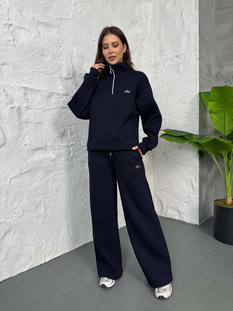 Lacivert Yarım Fermuarlı Şardonlu Sweat Takım 4028-Lacivert