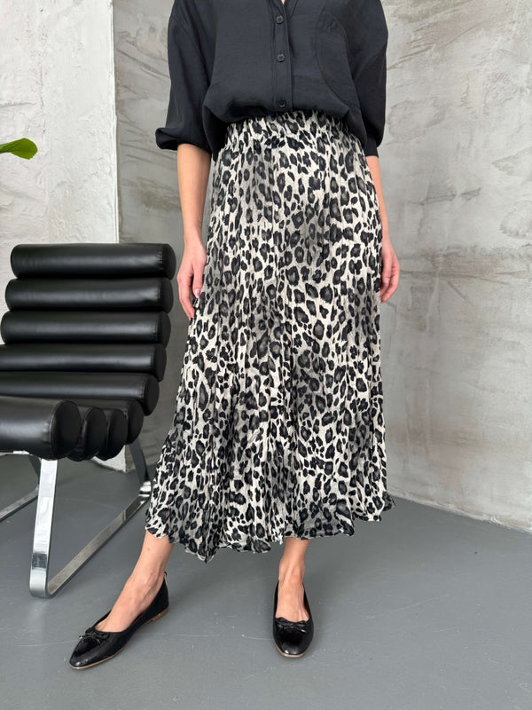 Gri Leopar Kırışık Saten Etek 29269-GRİ LEOPAR